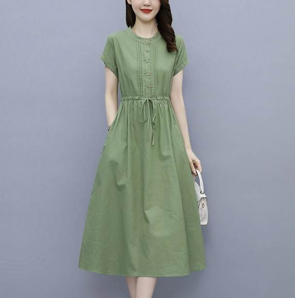 Rakuten - ワンピース フレアワンピース ミモレ丈 半袖 ラウンドネック ウエストマーク リボン フロントボタン 大人可愛い きれいめ シンプル カジュアル こなれ感 無地 春 夏 10代 20代 30代 40代 レディース 学生 デート お出かけ ショッピング 普段使い 個性的