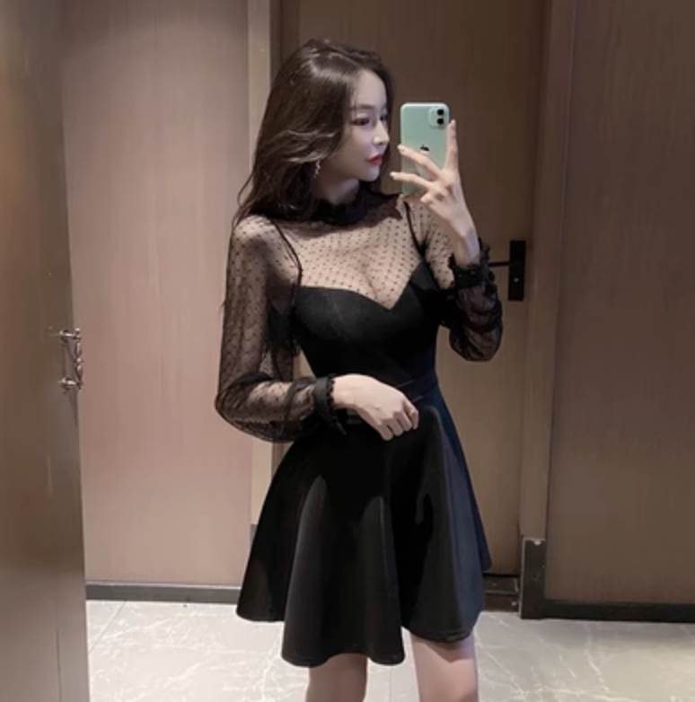 ワンピース ワンピドレス ショート丈 長袖 チョーカーネック ティアドロップバック ウエストマーク ハイウエスト スリム タイト 透け感 シースルー かわいい 大人可愛い きれいめ シンプル カジュアル 大人 上品 おしゃれ お洒落 大人女子 こなれ感 個性的