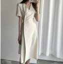 ワンピース ワンピドレス ミモレ丈 半袖 Vネック カシュクール サイドボタン かわいい 大人可愛い きれいめ シンプル カジュアル 大人 上品 おしゃれ お洒落 大人女子 こなれ感 個性的 主役級 存在感 キュート イブニングドレス フェミニン
