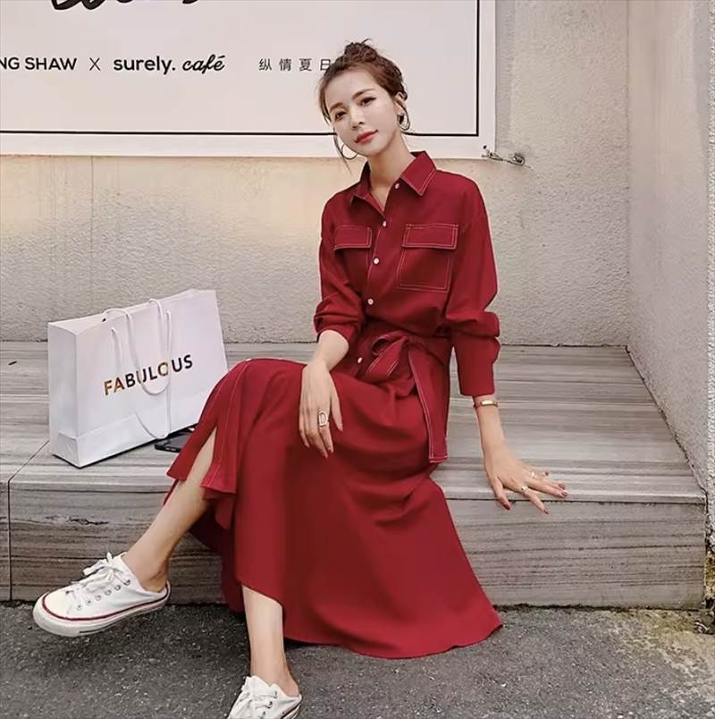 Rakuten - ワンピース シャツ ワンピース ロング丈 長袖 レギュラーカラー フロントボタン 前開き ウエストマーク リボン　プレーリースカート かわいい 大人可愛い きれいめ シンプル カジュアル 大人 上品 おしゃれ お洒落 大人女子 こなれ感 個性的 主役級