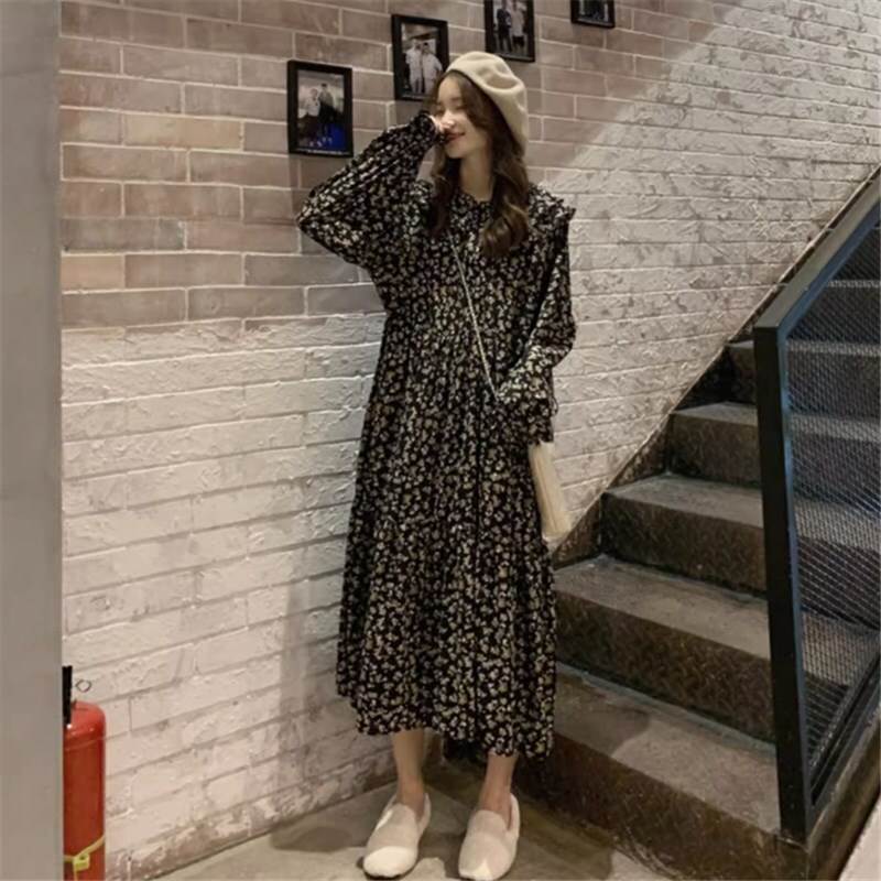 乐天商城 - ワンピース ロング丈 長袖 ラウンドネック バンドカラー パフスリーブ Aライン フレア かわいい 大人可愛い 上品 おしゃれ お洒落 かっこいい 大人女子 こなれ感 とろみ感 キュート フェミニン ガーリー 花柄 春 秋 20代 30代 レディース OL お出かけ 女子会