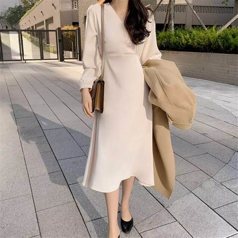 乐天商城 - ワンピース ミモレ丈 長袖 Vネック カシュクール パフスリーブ ウエストマーク Aライン ハイウエスト かわいい 大人可愛い きれいめ シンプル カジュアル 大人 上品 おしゃれ 甘い 無地 春 秋 フェミニン キュート ガーリー エレガント