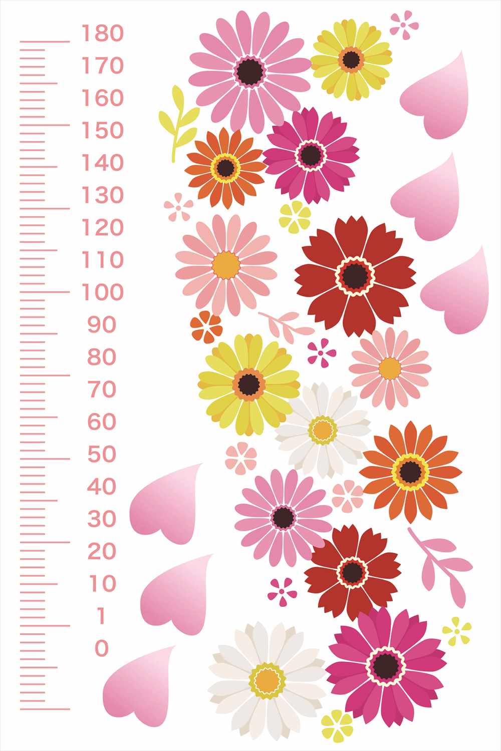 ウォールステッカー 身長計 記念 目盛り 子供部屋 かわいい 花 ピンク ハート　メモ付き 北欧 90×60cm シール式 装飾 おしゃれ 壁紙 はがせる 剥がせる カッティングシート wall sticker 雑貨 DIY プチリフォーム