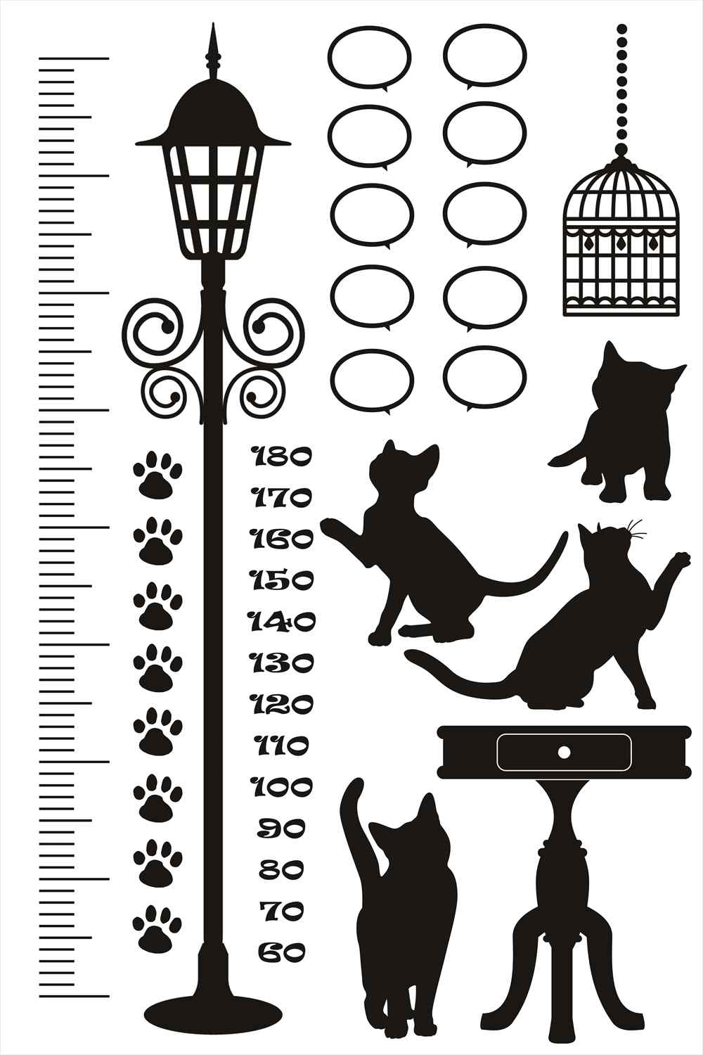 ウォールステッカー 身長計 記念 目盛り 子供部屋 猫 白黒　鳥かご 90×60cm シール式 装飾 おしゃれ 壁紙 はがせる 剥がせる カッティングシート wall sticker 雑貨 DIY プチリフォーム
