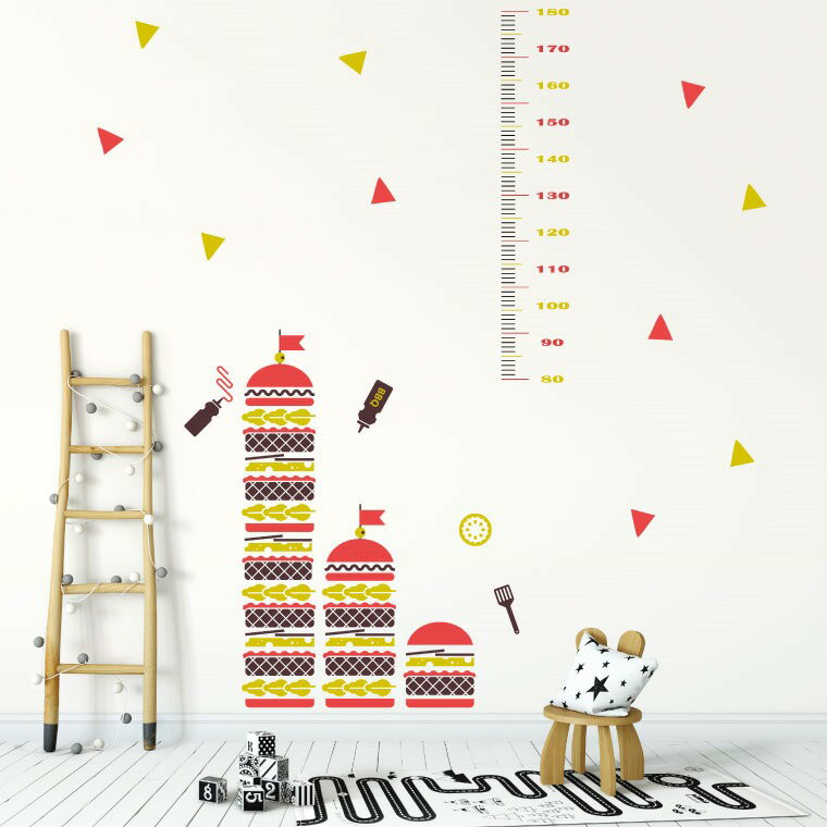 ウォールステッカー 身長計 記念 目盛り 子供部屋 ハンバーガー　旗　おいしい 90×60cm シール式 装飾 おしゃれ 壁紙 はがせる 剥がせる カッティングシート wall sticker 雑貨 DIY プチリフォーム