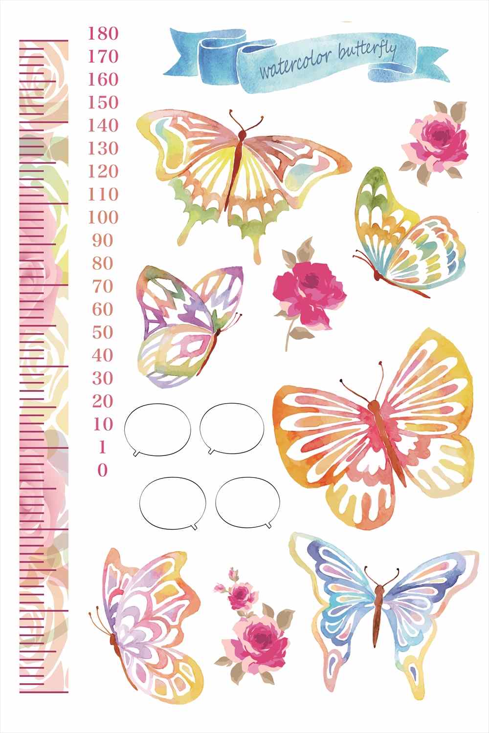 ウォールステッカー 身長計 記念 目盛り 子供部屋 蝶 ちょうちょ レインボー 90×60cm シール式 装飾 おしゃれ 壁紙 はがせる 剥がせる カッティングシート wall sticker 雑貨 DIY プチリフォーム