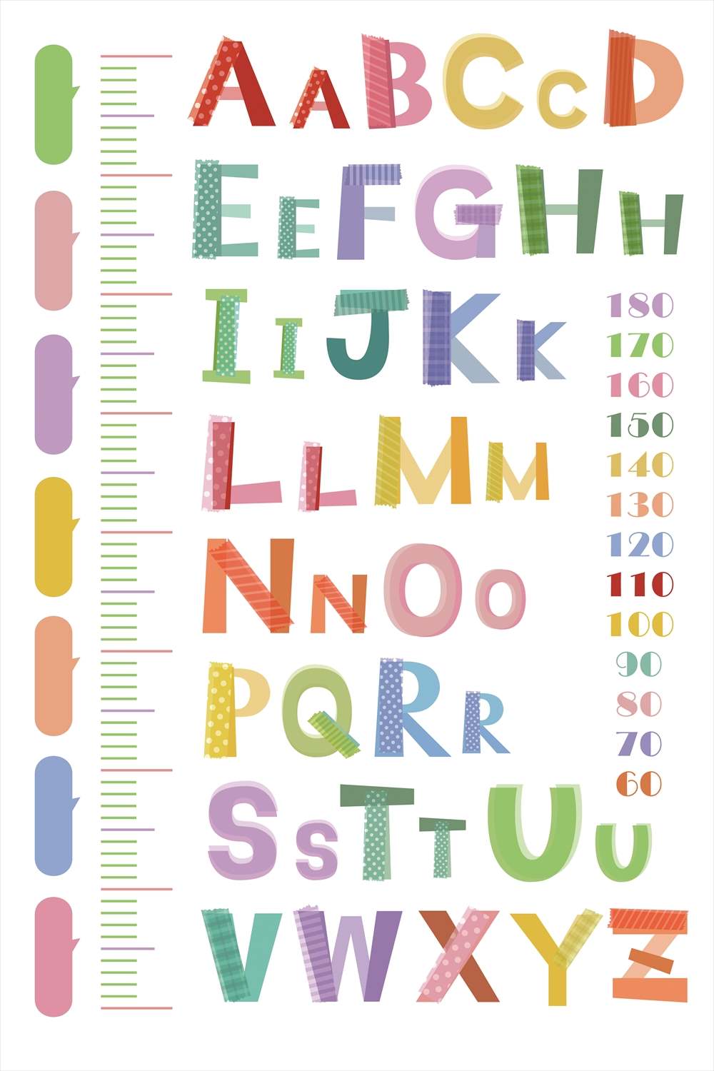 ウォールステッカー 身長計 記念 目盛り 子供部屋 アルファベット　英字　カラフル 90×60cm シール式 装飾 おしゃれ 壁紙 はがせる 剥がせる カッティングシート wall sticker 雑貨 DIY プチリフォーム