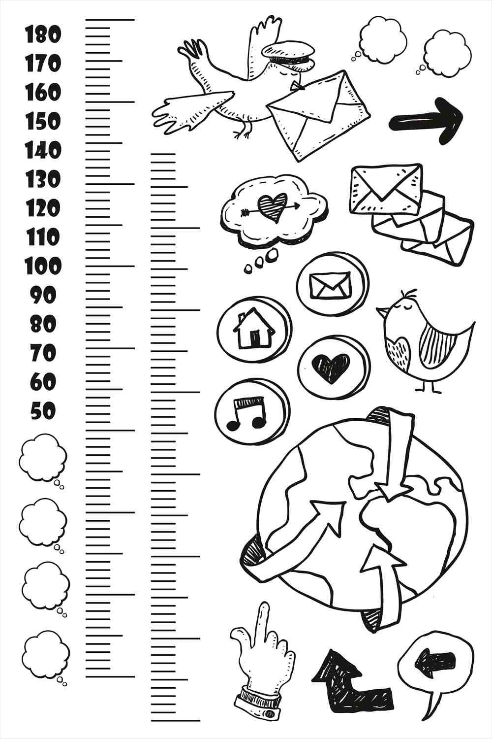ウォールステッカー 身長計 記念 目盛り 子供部屋 白黒　手紙　地球 90×60cm シール式 装飾 おしゃれ 壁紙 はがせる 剥がせる カッティングシート wall sticker 雑貨 DIY プチリフォーム