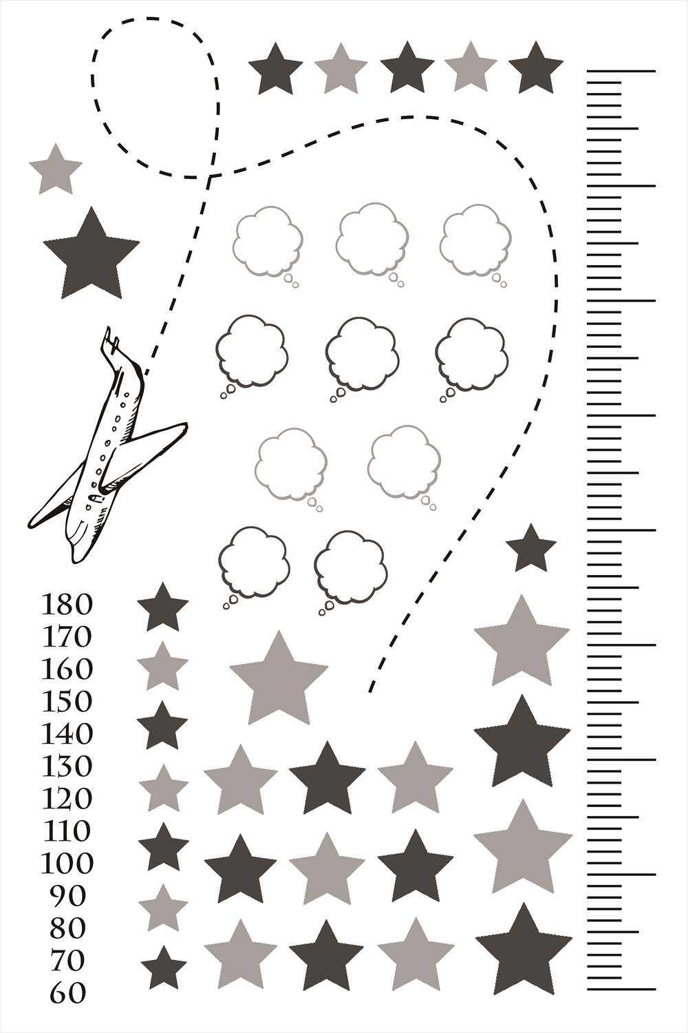 ウォールステッカー 身長計 記念 目盛り 子供部屋 飛行機 星 手描き 北欧 90×60cm シール式 装飾 おしゃれ 壁紙 はがせる 剥がせる カッティングシート wall sticker 雑貨 DIY プチリフォーム