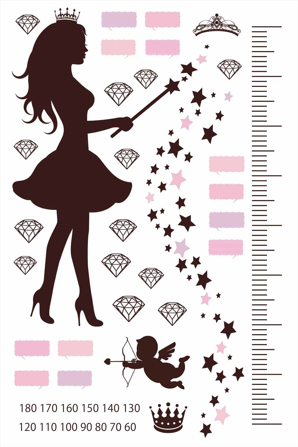ウォールステッカー 身長計 記念 女の子 きらきら お姫様 ピンク 90×60cm シール式 装飾 おしゃれ 壁紙 はがせる 剥がせる カッティングシート wall sticker 雑貨 DIY プチリフォーム