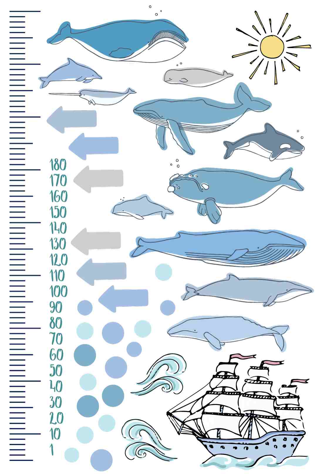 ウォールステッカー 身長計 メモ付き 記念 目盛り 子供部屋 動物 北欧 90×60cm シール式 装飾 おしゃれ 壁紙 はがせる 剥がせる　海の生物　魚　fish　017018