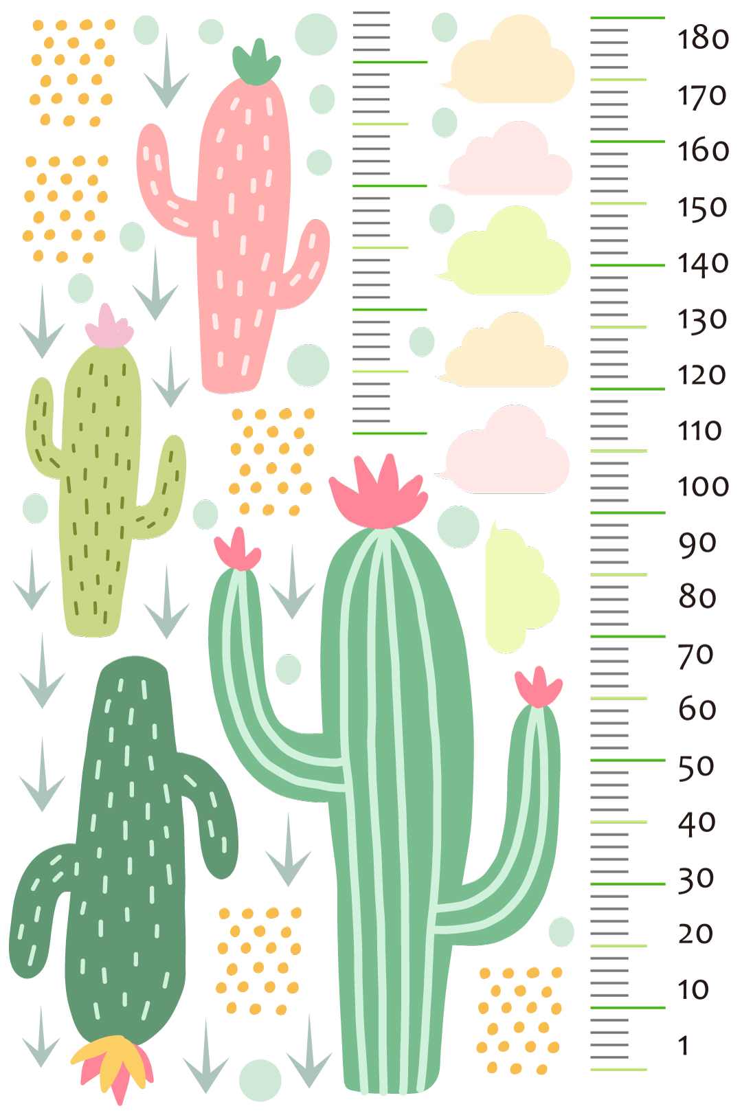 ウォールステッカー 身長計 メモ付き 記念 目盛り 子供部屋 動物 北欧 90×60cm シール式 装飾 おしゃれ 壁紙 はがせる 剥がせる　サボテン　かわいい　ふきだし　017024