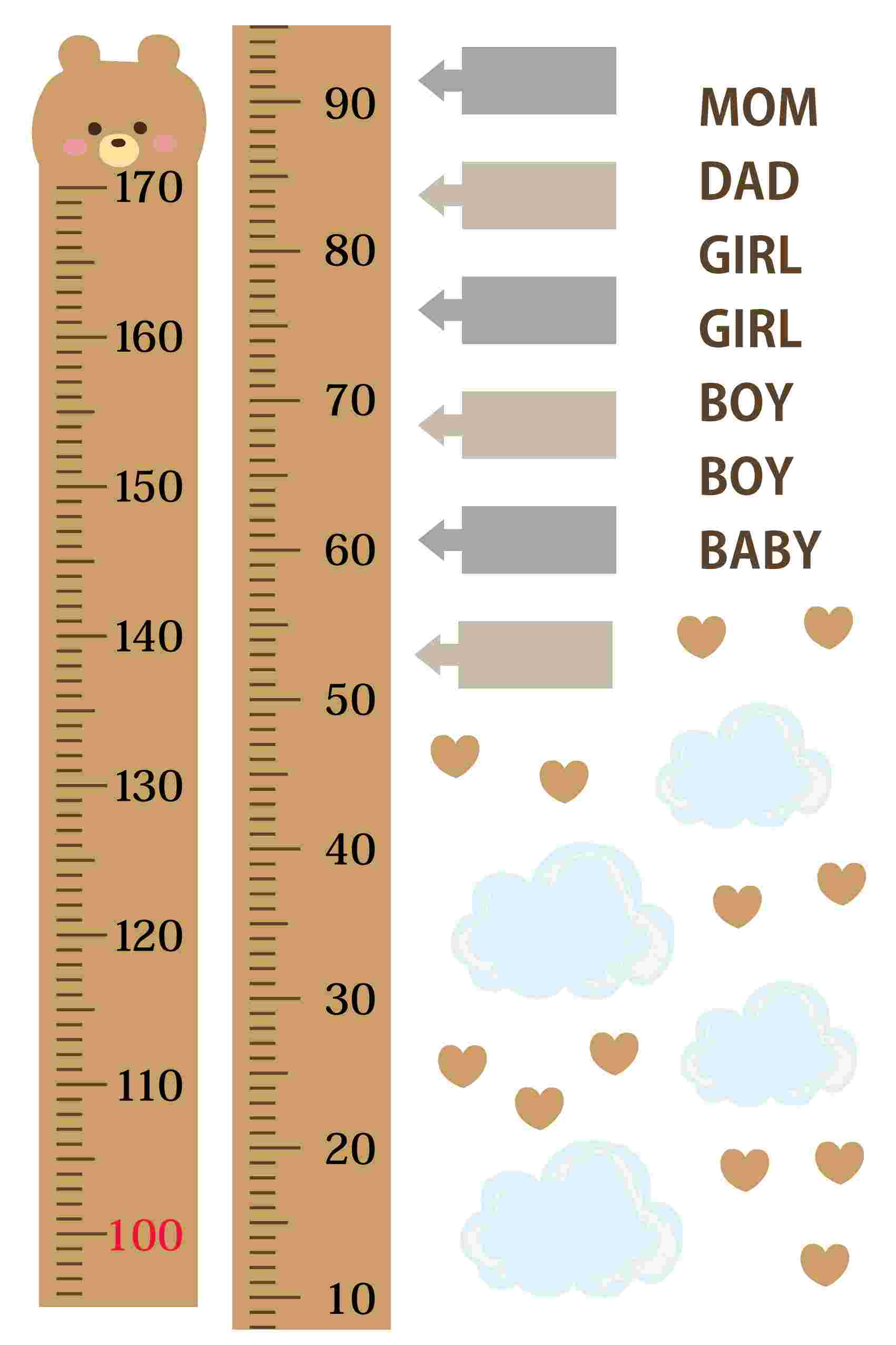 ウォールステッカー 身長計 メモ付き 記念 目盛り 子供部屋 動物 北欧 90×60cm シール式 装飾 おしゃれ 壁紙 はがせる 剥がせる くま かわいい 雲 032470