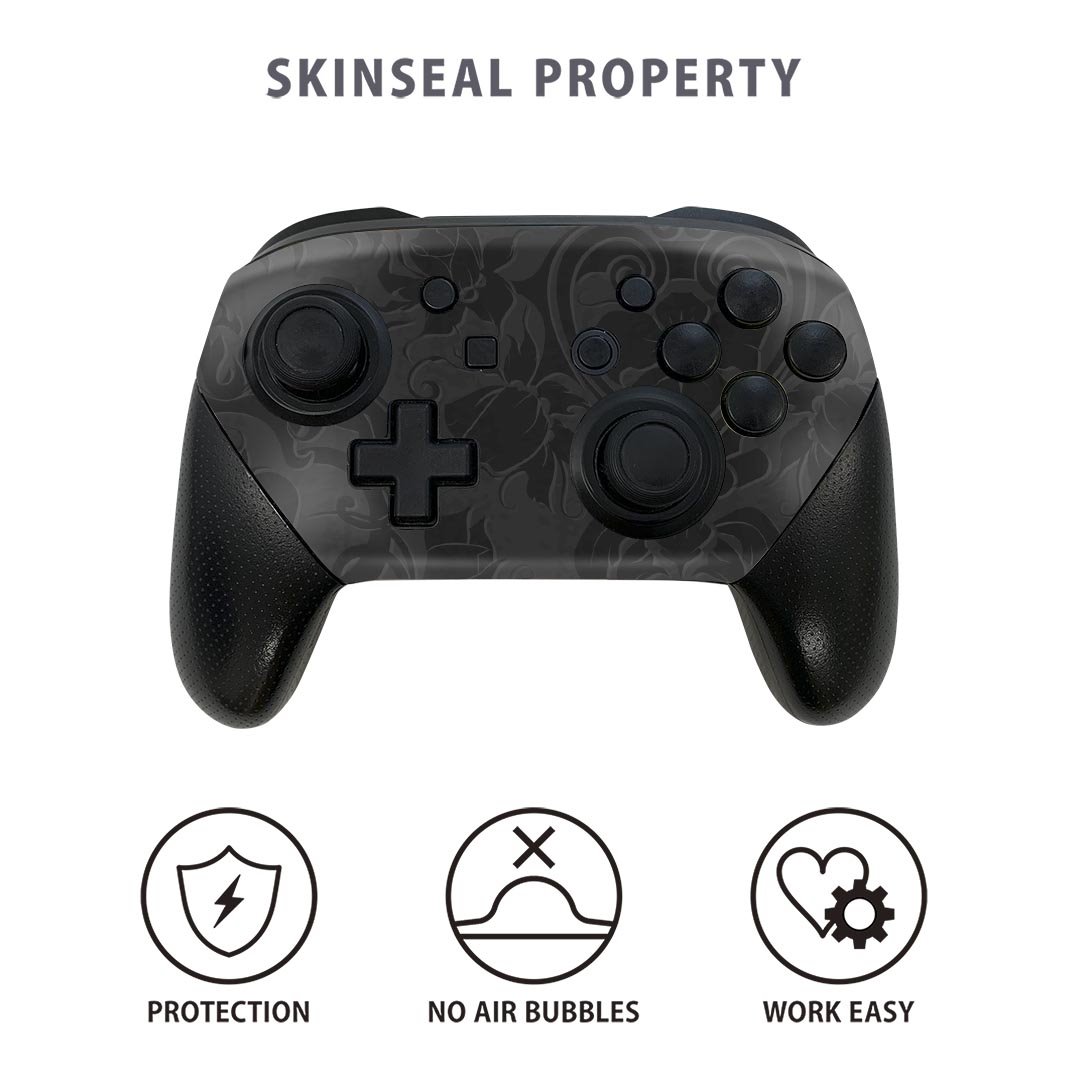 Nintendo Switch 用 PROコントローラ 専用 スキンシール ニンテンドー スイッチ プロコン 専用 デザインスキンシール 全面セット カバー ケース 保護 フィルム ステッカー デコ アクセサリー igstore 003716 模様　エレガント　黒