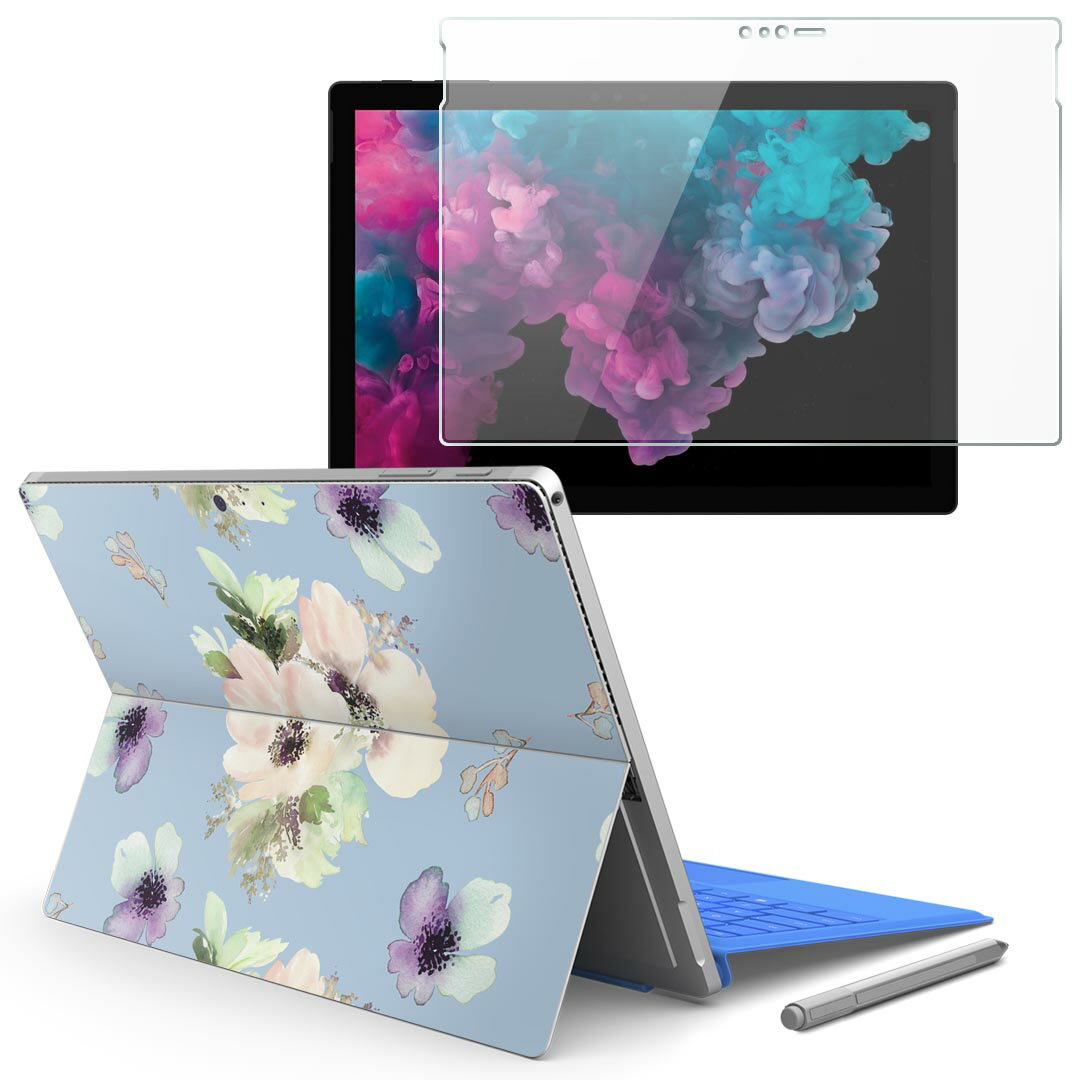 Surface pro7 (2019) pro6 pro2017 pro4 専用 スキンシール ガラスフィルム セット サーフィス ノートブック ノートパソコン カバー ケース フィルム ステッカー アクセサリー 保護 014560 花　フラワー　白