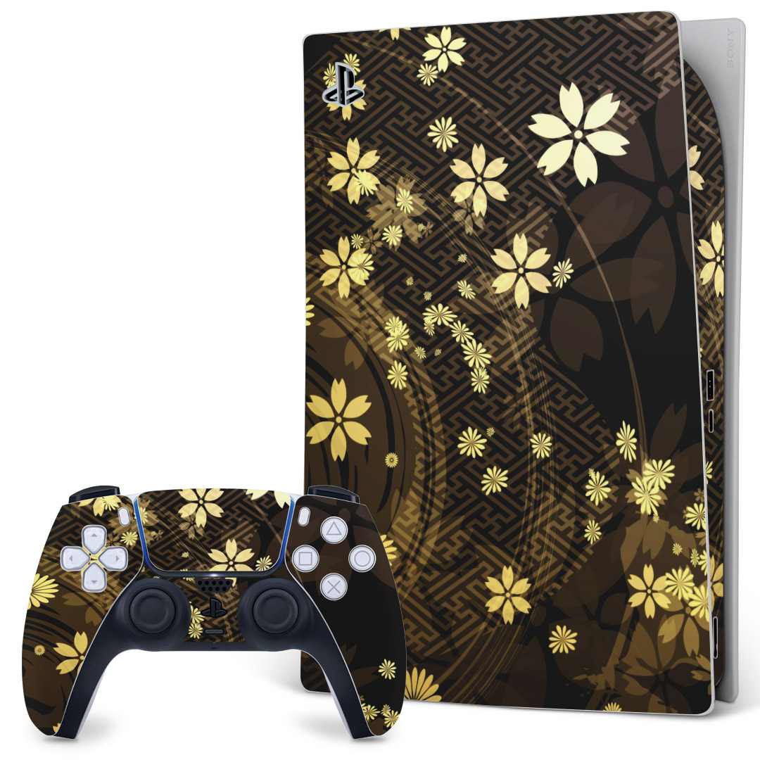 「宅配便専用」SONY PS5 デジタルエディション PlayStation プレイステーション専用 コントローラー デザインスキンシール 裏表 全面セット カバー ケース 保護 フィルム ステッカー 005847 和風 和柄 花 フラワー