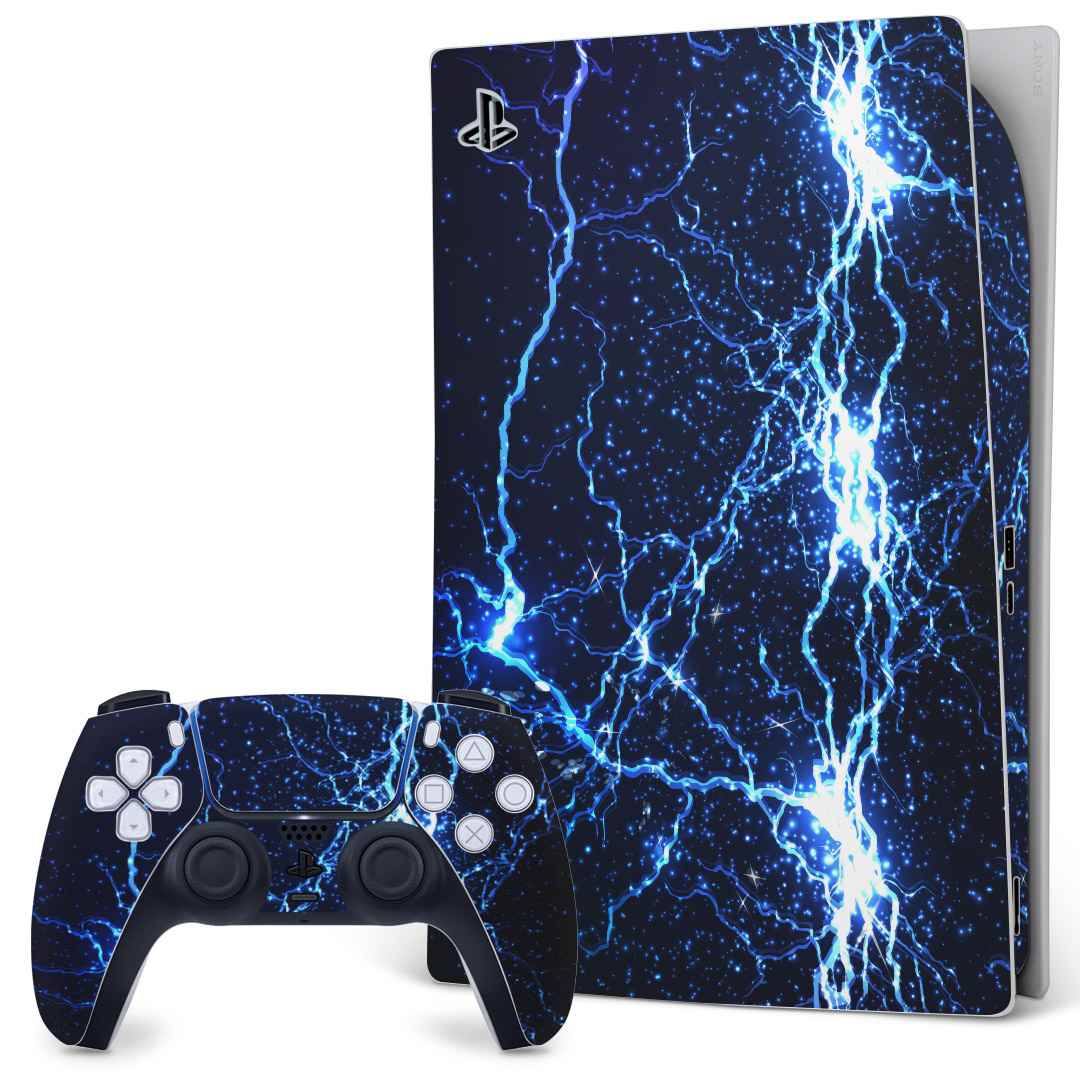 「宅配便専用」SONY PS5 デジタルエディション PlayStation プレイステーション専用 コントローラー デザインスキンシール 裏表 全面セット カバー ケース 保護 フィルム ステッカー 006500 雷 青 ブルー