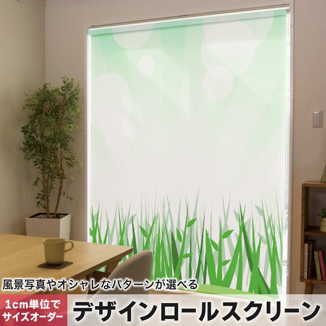 1cm単位サイズオーダー ロールスクリーン ロールカーテン オーダーメイド タチカワ 日本製 間仕切り カーテン 採光 非遮光 目隠し UVカット カーテンレール チェーン式 プル式 緑　イラスト 002560