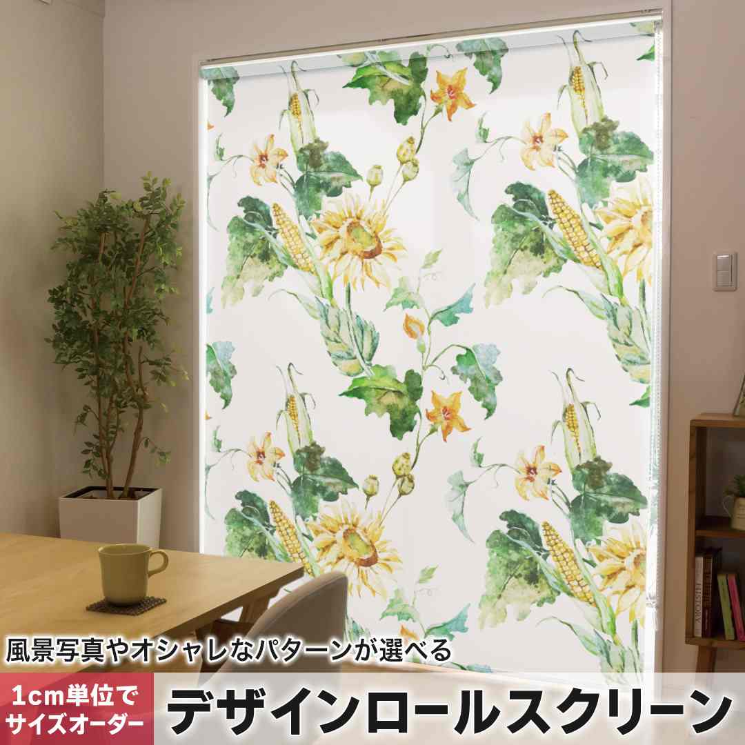 1cm単位サイズオーダー ロールスクリーン ロールカーテン オーダーメイド タチカワ 日本製 間仕切り カーテン 採光 非遮光 目隠し UVカット カーテンレール チェーン式 プル式 ひまわり　花　白 012093