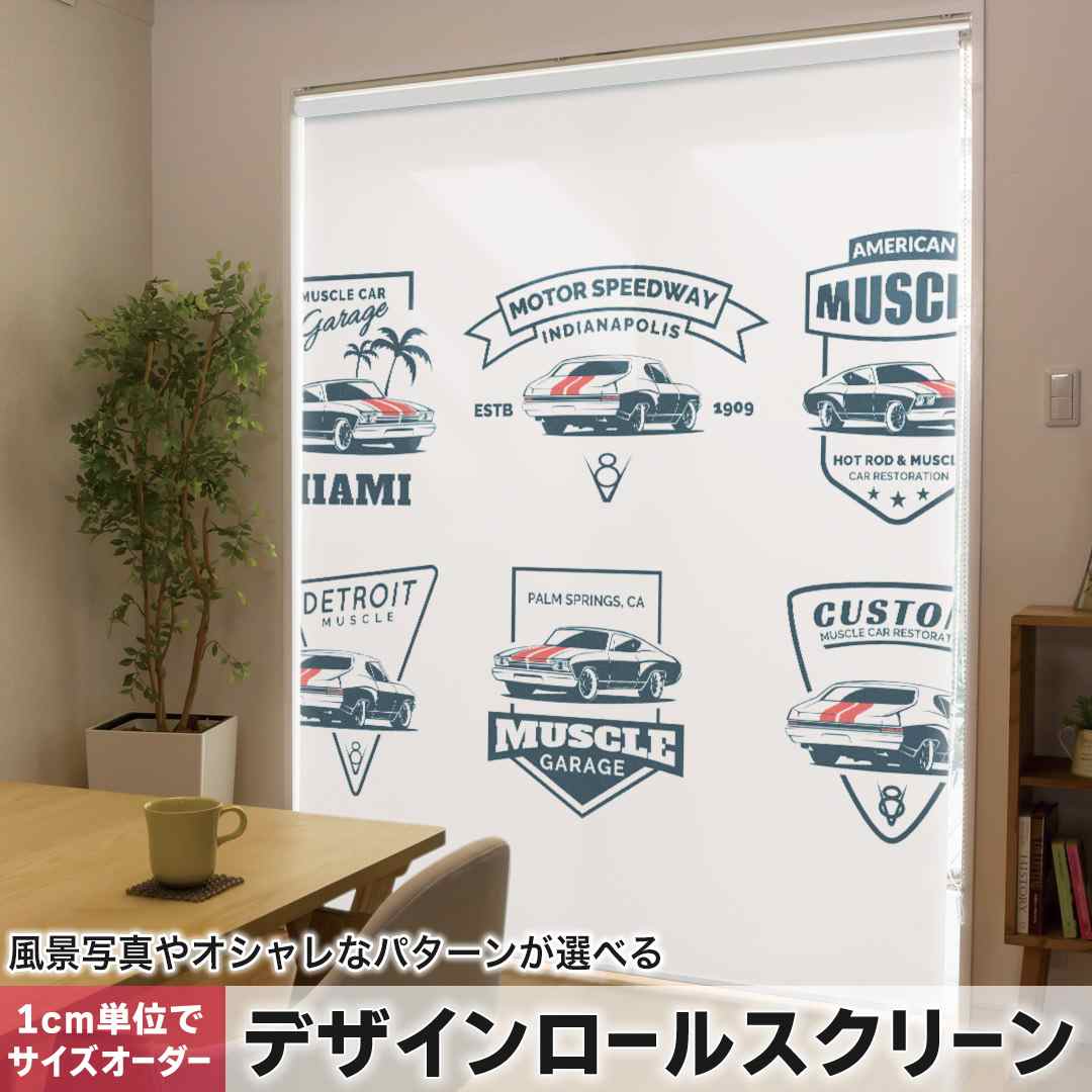 1cm単位サイズオーダー ロールスクリーン ロールカーテン オーダーメイド タチカワ 日本製 間仕切り カーテン 採光 非遮光 目隠し UVカット カーテンレール チェーン式 プル式 アメリカン　車　英語 016252