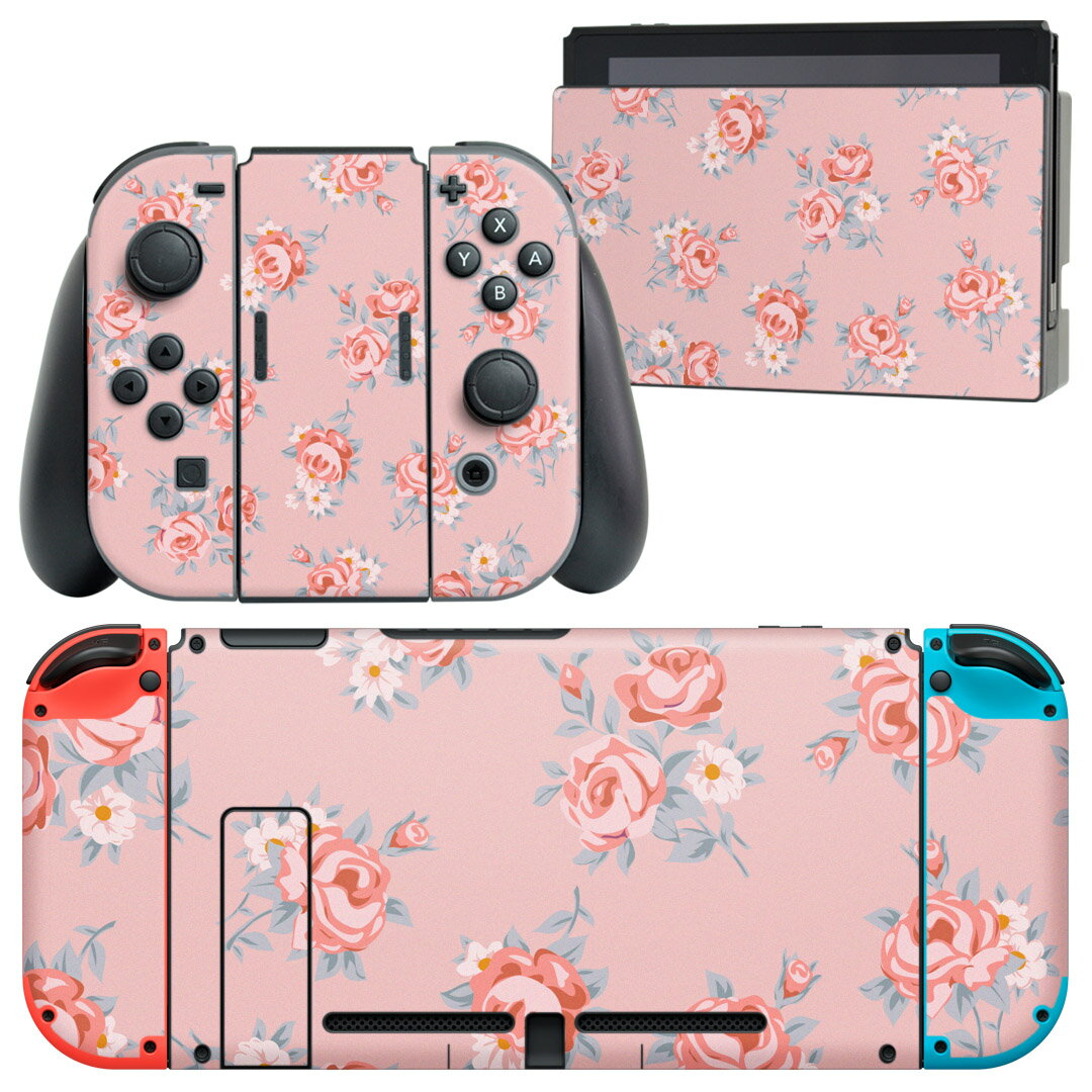 igsticker Nintendo Switch 専用 デザインスキンシール 任天堂 ニンテンドー スイッチ 専用 本体ドック Joy-Con Joycon ジョイコン 専用 ゲーム機 カバー アクセサリー フィルム ステッカー 011846 花柄 ピンク かわいい