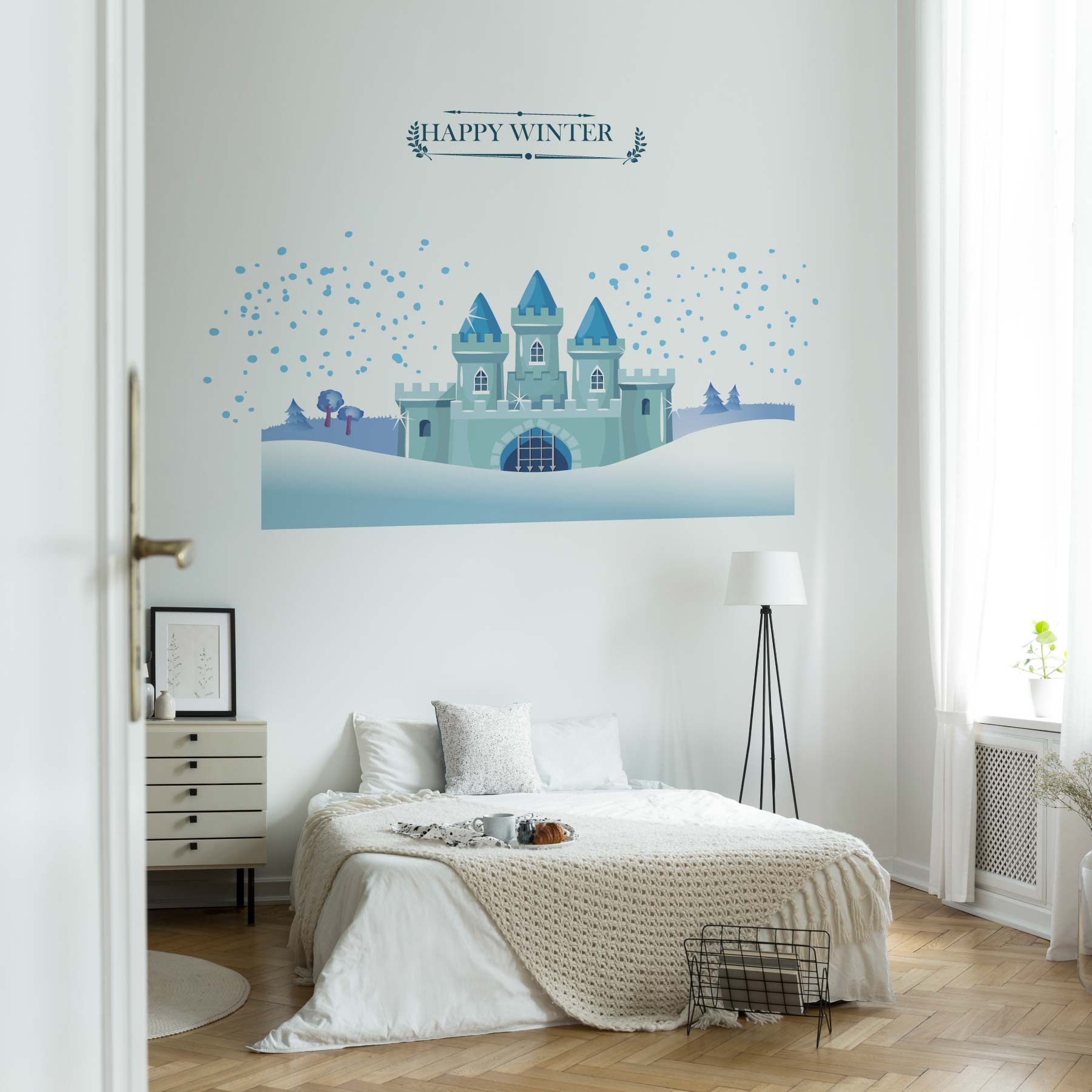 3sizeから選べる！冬のウォールステッカー winter 雪 結晶　雪だるま スキー そり かわいい 590×1327mm..