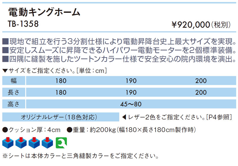 【ポイント5倍】高田ベッド 電動キングホーム 電動マッサージベッド 電動昇降式 プラットホーム トレーニングテーブル リハビリベッド 訓練台 幅広 施術台 診察台 治療台 福祉 キャスターつき TB-1358