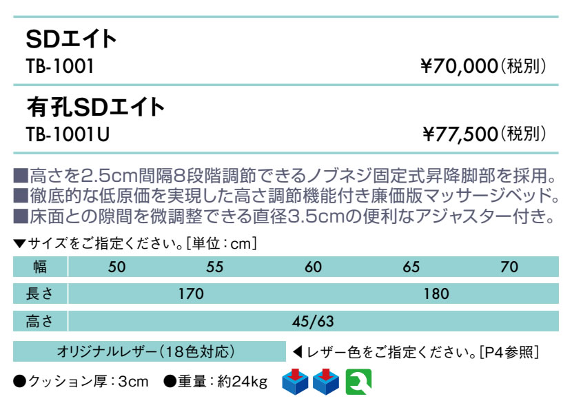 エンバシー 高田ベッド正規特約店の【ポイント6倍】高田ベッド 無孔SDエイト マッサージベッド 整体ベッド 診察台 施術台 施術ベッド 治療用ベッド 医療用ベッド 治療ベッド 診察ベッド 検査台 検診台 エステベッド 整体用ベッド 施術用ベッド 国産 TB-1001｜アングル2