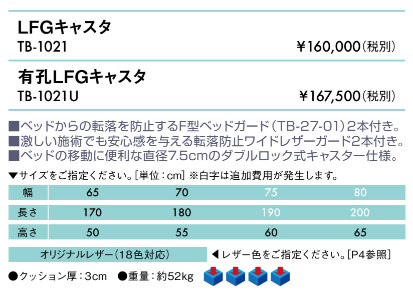 エンバシー 高田ベッド正規特約店の【ポイント6倍】高田ベッド 無孔LFGキャスタ マッサージベッド 整体ベッド 転落防止 ガードつき 診察台 施術台 施術ベッド 治療用ベッド 医療用ベッド 治療ベッド 診察ベッド 検査台 検診台 介護ベッド 国産 TB-1021｜アングル2