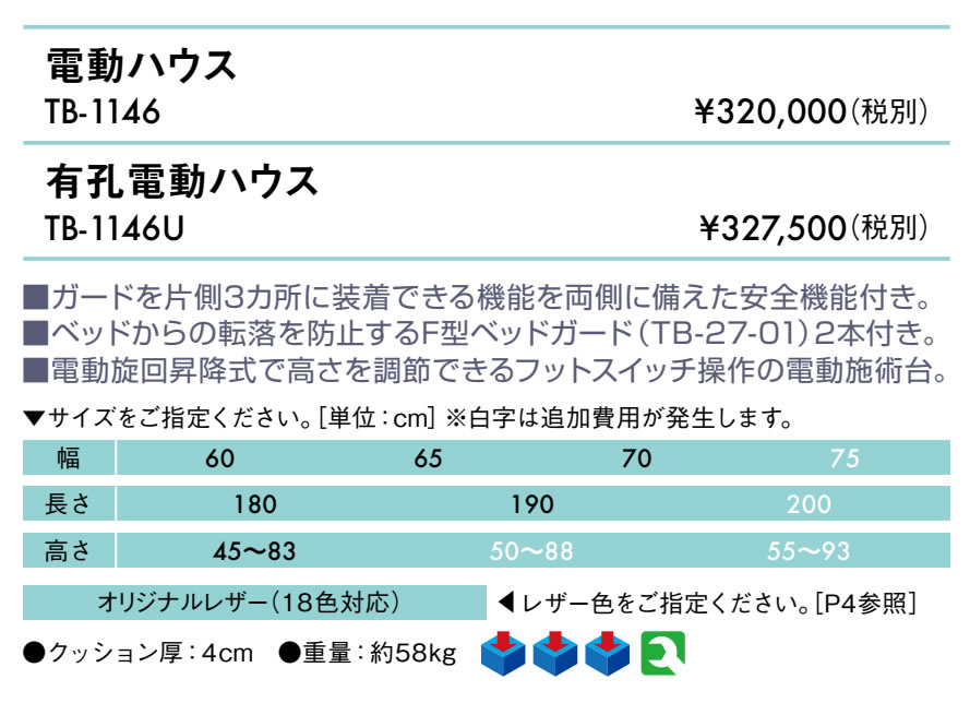 エンバシー 高田ベッド正規特約店の【ポイント6倍】高田ベッド 有孔電動ハウス 医療施設 電動 昇降 電動マッサージベッド ガード付き 電動昇降式 電動施術台 電動昇降台 電動診察台 電動整体ベッド 電動エステベッド 施術用ベッド マッサージベッド 治療ベッド 国産 TB-1146U｜アングル2