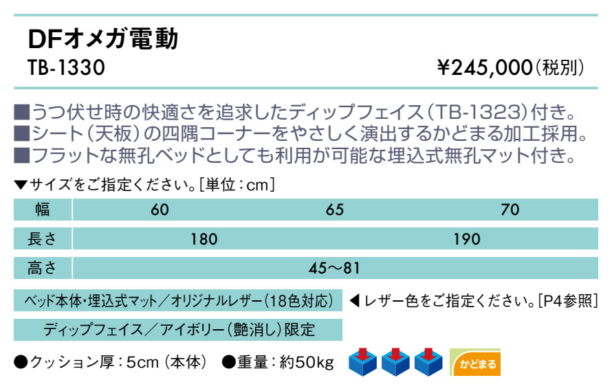 エンバシー 高田ベッド正規特約店の【ポイント6倍】高田ベッド DFオメガ電動 電動昇降マッサージベッド 防水 フェイス オメガ式 埋め込み式クッション 施術台 昇降台 診察台 整体ベッド 医療ベッド エステベッド 施術用ベッド 治療ベッド 国産 TB-1330｜アングル2