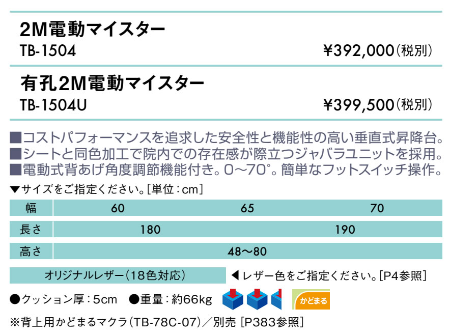 エンバシー 高田ベッド正規特約店の【ポイント6倍】高田ベッド 無孔2M電動マイスター 電動マッサージベッド 整体ベッド 電動ベッド 電動施術台 電動昇降台 昇降式診察台 エステベッド マッサージ台 電動 昇降 国産 TB-1504｜アングル2