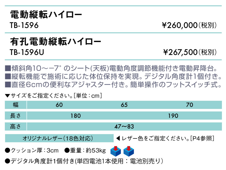 エンバシー 高田ベッド正規特約店の【ポイント6倍】高田ベッド 無孔電動縦転ハイロー 電動マッサージベッド シート電動角度調節 天板角度調節 傾き可能 縦転 体位保持 デジタル角度計付き 電動昇降 診察台 理学療法台 運動療法 治療用ベッド 国産 TB-1596｜アングル2