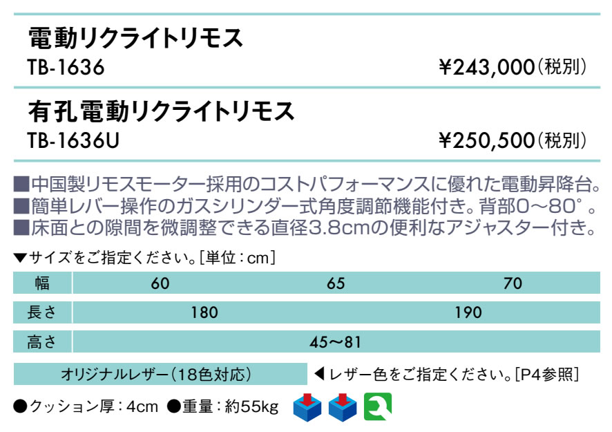 エンバシー 高田ベッド正規特約店の【ポイント6倍】高田ベッド 有孔電動リクライトリモス 背上げ リクライニング 電動マッサージベッド 整体ベッド 鍼灸ベッド 治療用ベッド エステベッド 電動施術台 電動昇降台 昇降式診察台 国産 TB-1636U｜アングル2