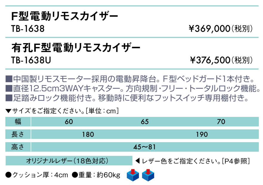 エンバシー 高田ベッド正規特約店の【ポイント6倍】高田ベッド 無孔F型電動リモスカイザー ベッドガード付き 3WAYキャスター 電動マッサージベッド 整体ベッド 鍼灸ベッド 治療用ベッド エステベッド 電動施術台 電動昇降台 昇降式診察台 国産 TB-1638｜アングル2