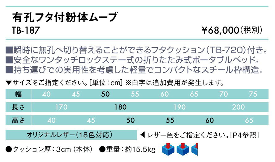 エンバシー 高田ベッド正規特約店の【ポイント6倍】高田ベッド 有孔フタ付粉体ムーブ 折りたたみベッド 整体ベッド 整体ベッド マッサージベッド 折りたたみ ポータブルベッド 施術台 携帯 持ち運び 診察台 国産 TB-187｜アングル2