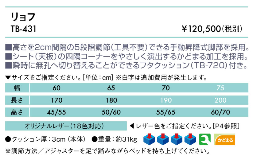 エンバシー 高田ベッド正規特約店の【ポイント6倍】高田ベッド リョフ マッサージベッド 整体ベッド 高さ調整機能 有孔フタクッション付き 外脚脚部 上段H型脚部 かどまる加工 施術台 診察台 国産 TB-431｜アングル2