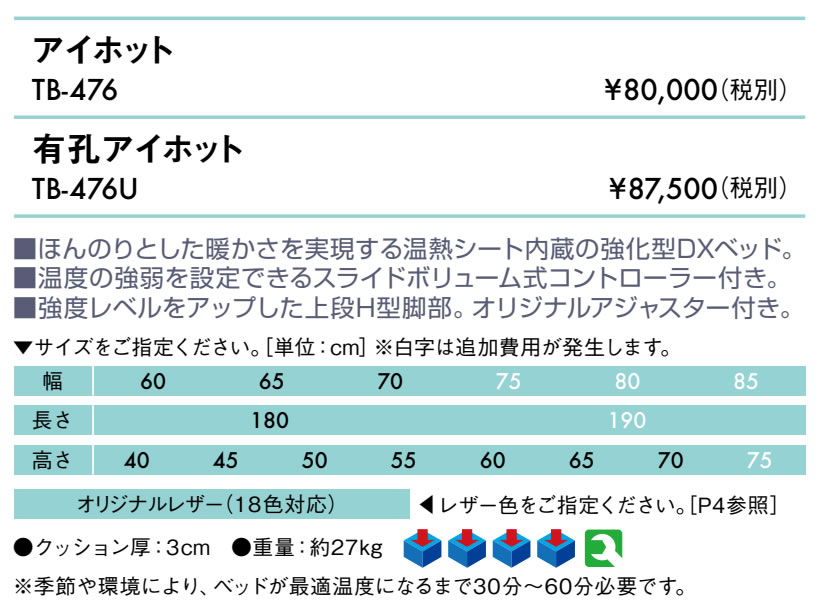 【ポイント6倍】高田ベッド 有孔アイホット マッサージベッド 整体ベッド ホットマット 温熱マット ボディベッド 施術台 施術ベッド 治療用ベッド 診察台 エステベッド 国産 TB-476U [2]