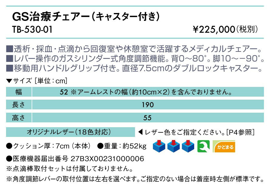 エンバシー 高田ベッド正規特約店の【ポイント6倍】高田ベッド GS治療チェアー（キャスター付き） 治療ベッド 医療チェア 治療チェア 耳鼻科チェア 歯科チェア 施術台 診察台 透析 採血 点滴 チェア ベッド 回復室 休憩室 病院 国産 TB-530-01｜アングル2