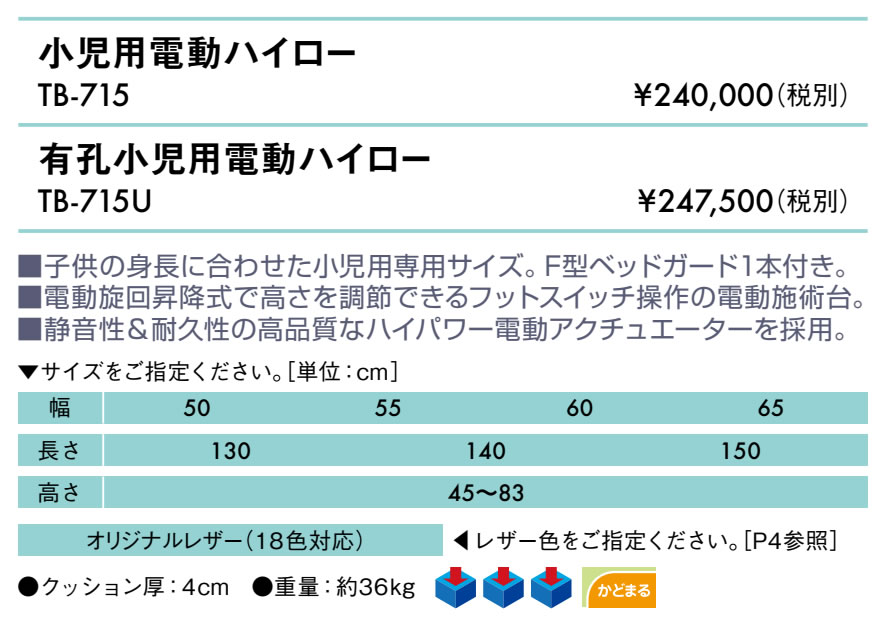 【ポイント6倍】高田ベッド 無孔小児用電動ハイロー 電動マッサージベッド 子供用 小児科 ガード付き 転倒防止 電動昇降式 電動施術台 電動昇降台 電動診察台 電動整体ベッド 施術用ベッド 治療ベッド 国産 TB-715 2