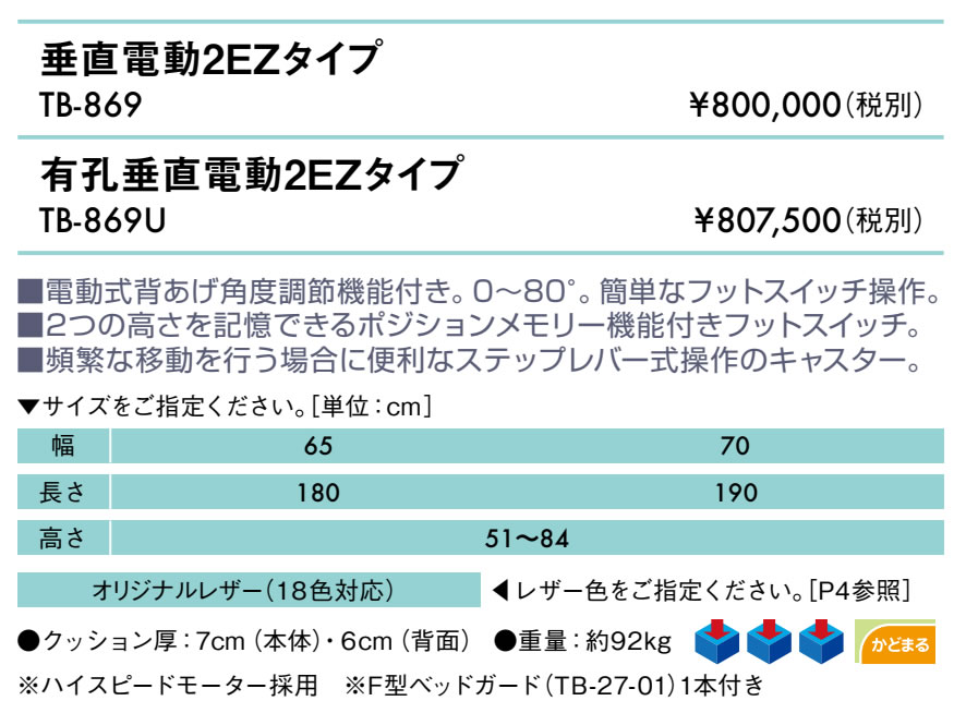 エンバシー 高田ベッド正規特約店の【ポイント6倍】高田ベッド 無孔垂直電動2EZタイプ 医療施設 電動 昇降 電動マッサージベッド 整体ベッド 電動ベッド 垂直昇降式 ポジションメモリー機能付き ガード付き 施術台 診察台 整体電動昇降ベッド 電動医療用ベッド 国産 TB-869｜アングル2