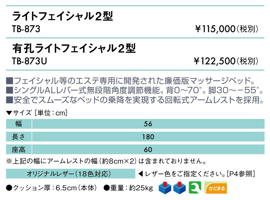 エンバシー 高田ベッド正規特約店の【ポイント6倍】高田ベッド 有孔ライトフェイシャル2型 エステベッド 廉価版マッサージベッド 無段階角度調節機能 エステベッド フェイシャルベッド 国産 TB-873U｜アングル2