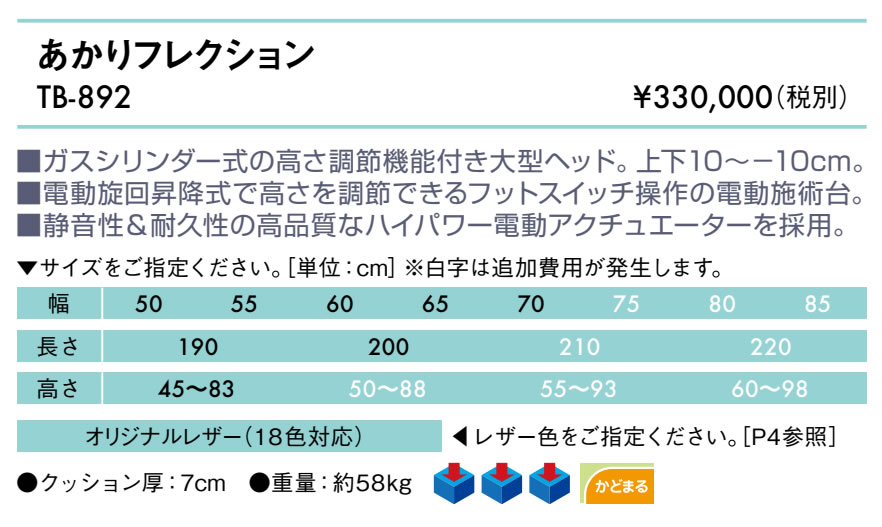エンバシー 高田ベッド正規特約店の【ポイント6倍】高田ベッド あかりフレクション 電動マッサージベッド 整体ベッド カイロベッド カイロプラクティック うつ伏せ アプローチ 治療用 施術用 施術台 マッサージ台 国産 TB-892｜アングル2