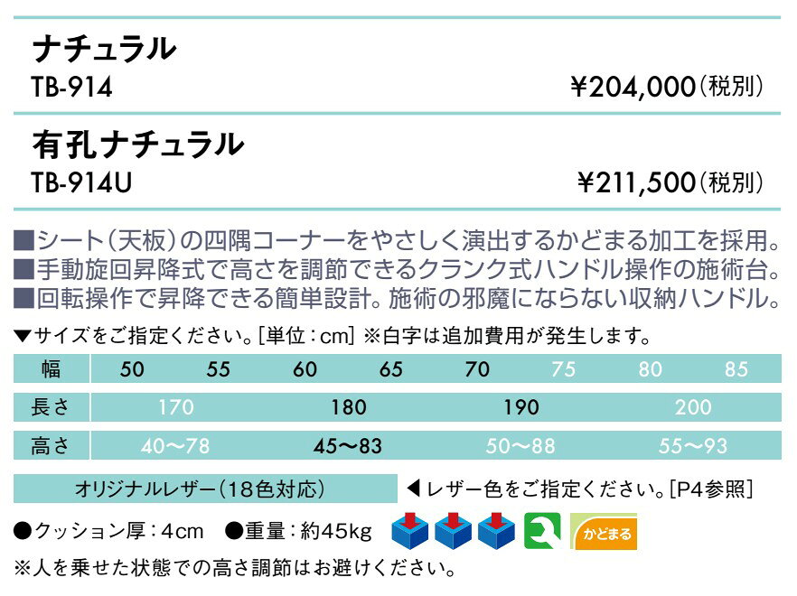 エンバシー 高田ベッド正規特約店の【ポイント6倍】高田ベッド 無孔ナチュラル 手動マッサージベッド 整体ベッド 手動ベッド 昇降式 施術台 診察台 エステベッド 脚部外脚 かどまる加工 国産 TB-914｜アングル2