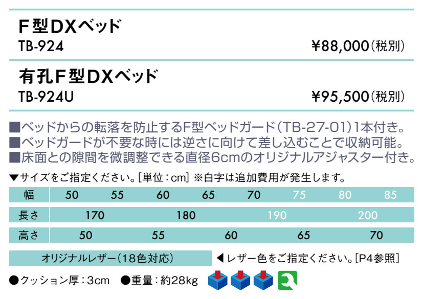 エンバシー 高田ベッド正規特約店の【ポイント6倍】高田ベッド 無孔F型DXベッド マッサージベッド 整体ベッド 整体 マッサージ 施術用 施術 医療用 治療用 ベッド ベット 台 診察台 施術台 診察ベッド 医療ベッド 治療ベッド 国産 TB-924｜アングル2