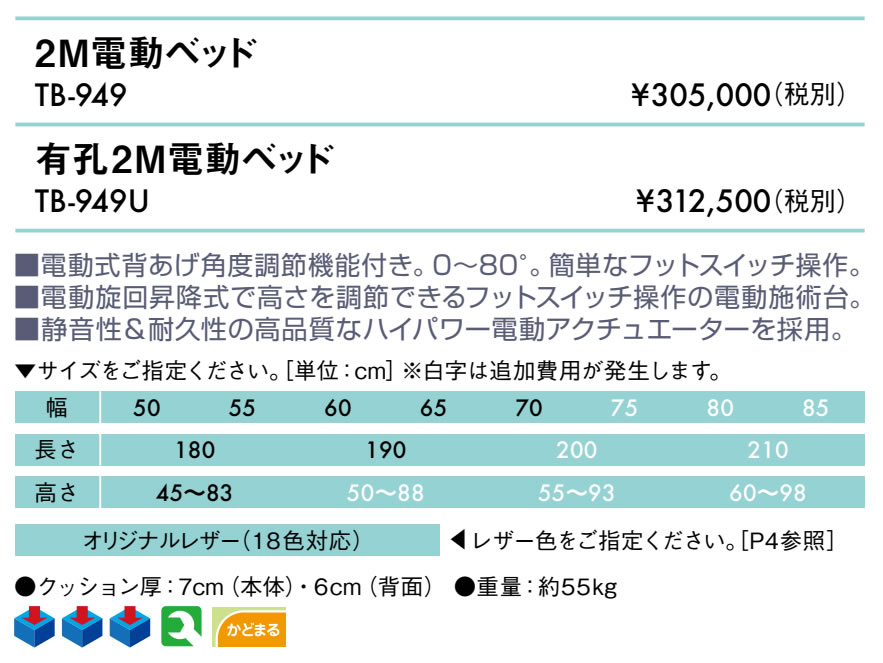 エンバシー 高田ベッド正規特約店の【ポイント6倍】無孔エレクトリックアングル診察台 EFB-2949【高田ベッド 2M電動ベッド 国産 TB-949】5年間長期保証 電動昇降式 電動施術台 電動昇降台 電動診察台 電動整体ベッド 電動エステベッド 施術用ベッド マッサージベッド 治療ベッド｜アングル2