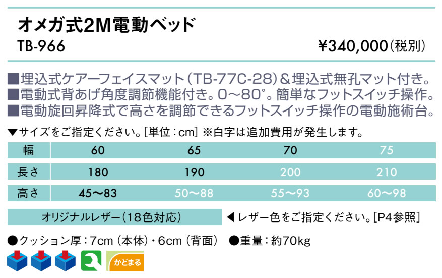 【ポイント6倍】高田ベッド オメガ式2M電動ベッド 電動マッサージベッド 電動昇降式 電動施術台 電動診察台 電動整体ベッド 電動エステベッド 施術用ベッド 国産 TB-966