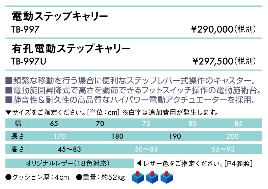 エンバシー 高田ベッド正規特約店の【ポイント6倍】高田ベッド 有孔電動ステップキャリー 電動マッサージベッド 移動用キャスターつき 電動昇降式 電動施術台 電動昇降台 電動診察台 電動整体ベッド 電動エステベッド 施術用ベッド 治療ベッド 国産 TB-997U｜アングル2