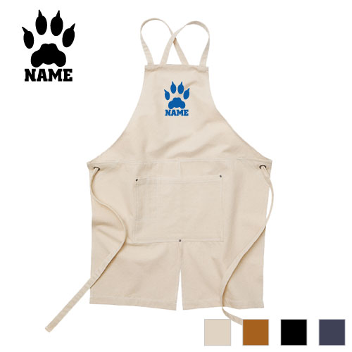 足跡4 名入れエプロン ウォッシュキャンバス ワークエプロン デニム インディゴ キャメル ブラック ナチュラル カフェエプロン 猫　ネコ　ねこ　キャット　肉球 飲食店 喫茶店 作業用 母の日ギフト 店舗スタッフ