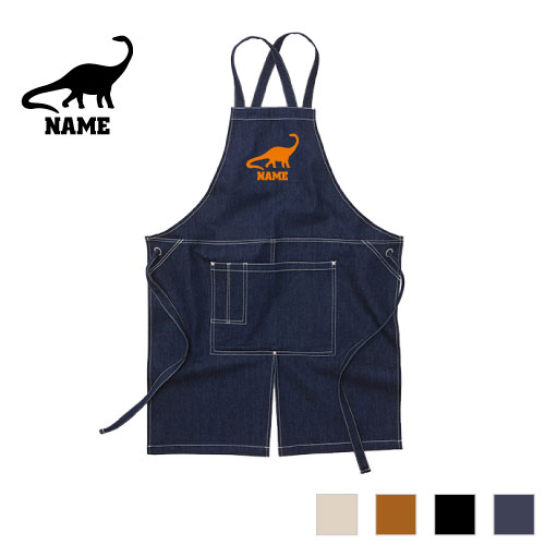 ブロントサウルス 名入れエプロン ウォッシュキャンバス ワークエプロン デニム インディゴ キャメル ブラック ナチュラル カフェエプロン 恐竜 化石 肉食 草食 雑食 海 陸 飲食店 喫茶店 作業用 母の日ギフト 店舗スタッフ